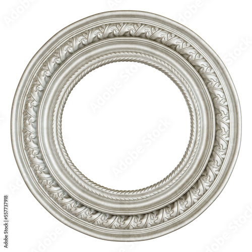Ornate circular silver frame isolated. 3D rendering