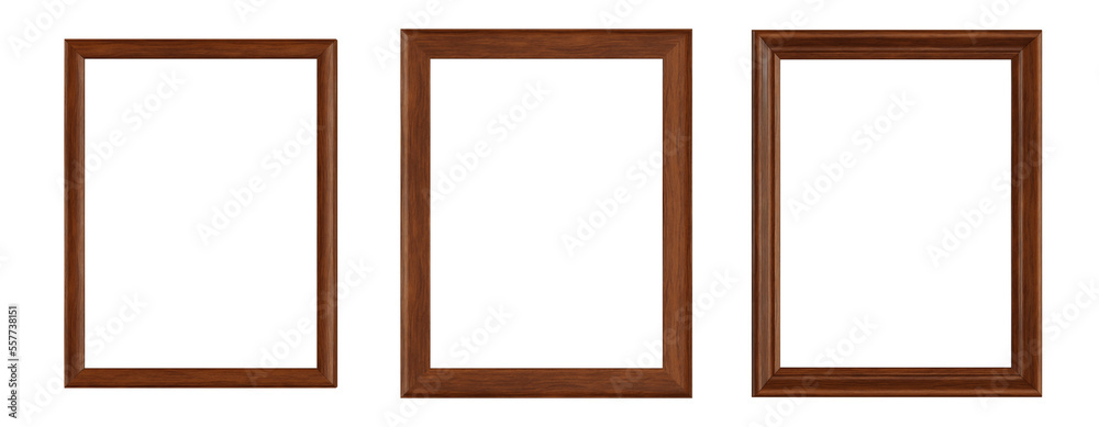 Isolated wooden picture frame set. 3:4 aspect ratio. 3D rendering Isolated wooden picture frame set. 3:4 aspect ratio. 3D rendering
