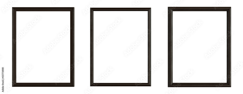 Isolated dark wood picture frame set. 3:4 aspect ratio. 3D rendering Isolated dark wood picture frame set. 3:4 aspect ratio. 3D rendering