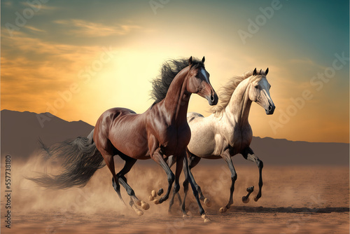 Two Gallop of Arabian Horses in Dust at Sahara Desert , generative ai 