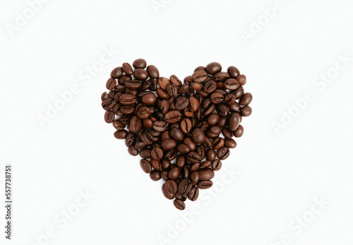 Heart shaped coffee beans isolated on white background. Place for copy space. Place for text. MOCAP