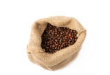 Coffee beans in burlap bag isolated on white background. Place for copy space. Place for text. MOCAP