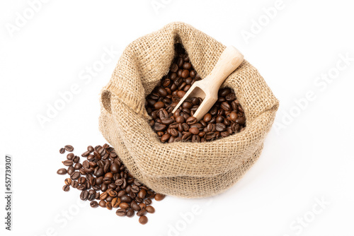 Coffee beans in burlap bag isolated on white background. Place for copy space. Place for text. MOCAP