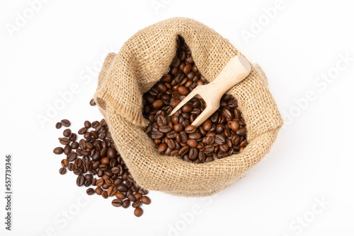 Coffee beans in burlap bag isolated on white background. Place for copy space. Place for text. MOCAP