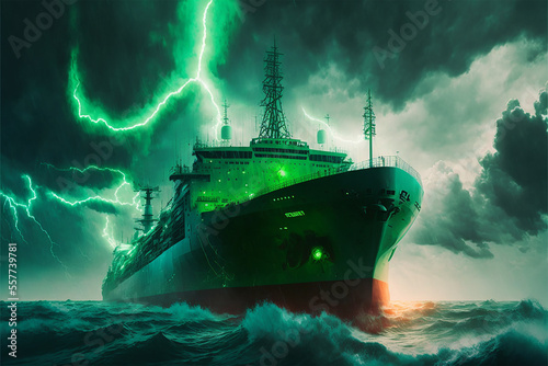 Ship in the ocean with background lightnings photo