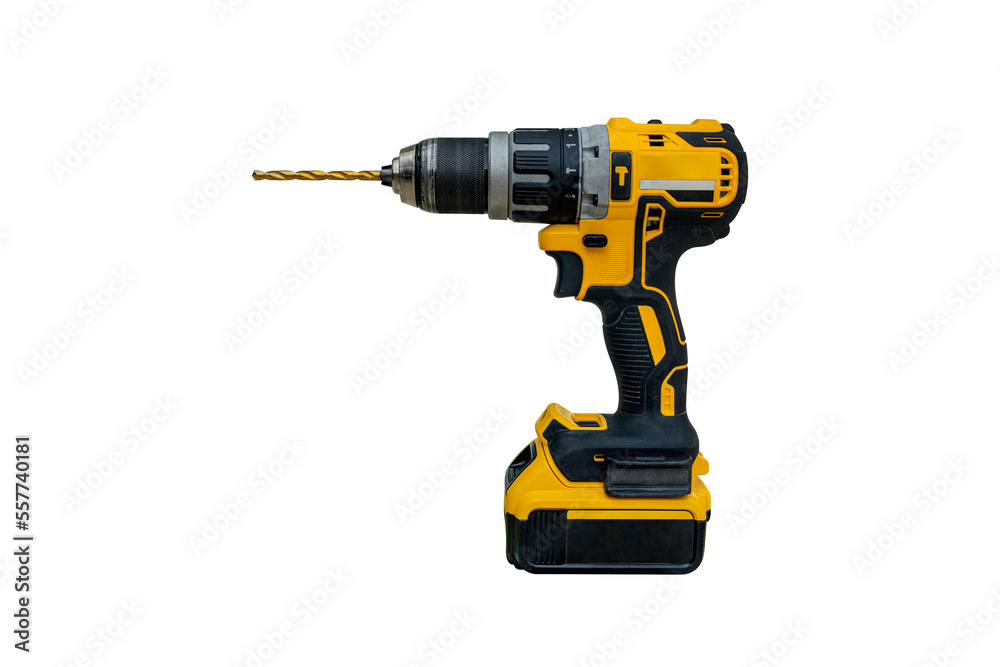 Power drill or Cordless screwdriver with battery for professional work in white background.