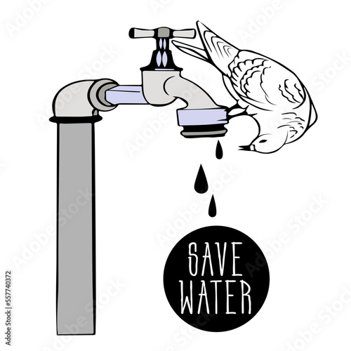 bird sits on tap with valve, drop of falling water, bird drinks, washes. Conservation of water and resources. Saving water.  bird day. Ornithology. doodles