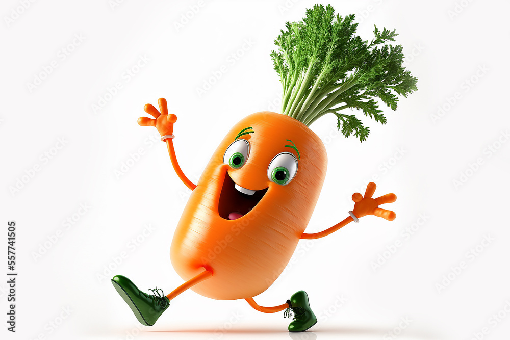 Cheerful funny carrot dancing isolated on a white background. Vegetable healthy food concept. Copy space. - obrazy, fototapety, plakaty 
