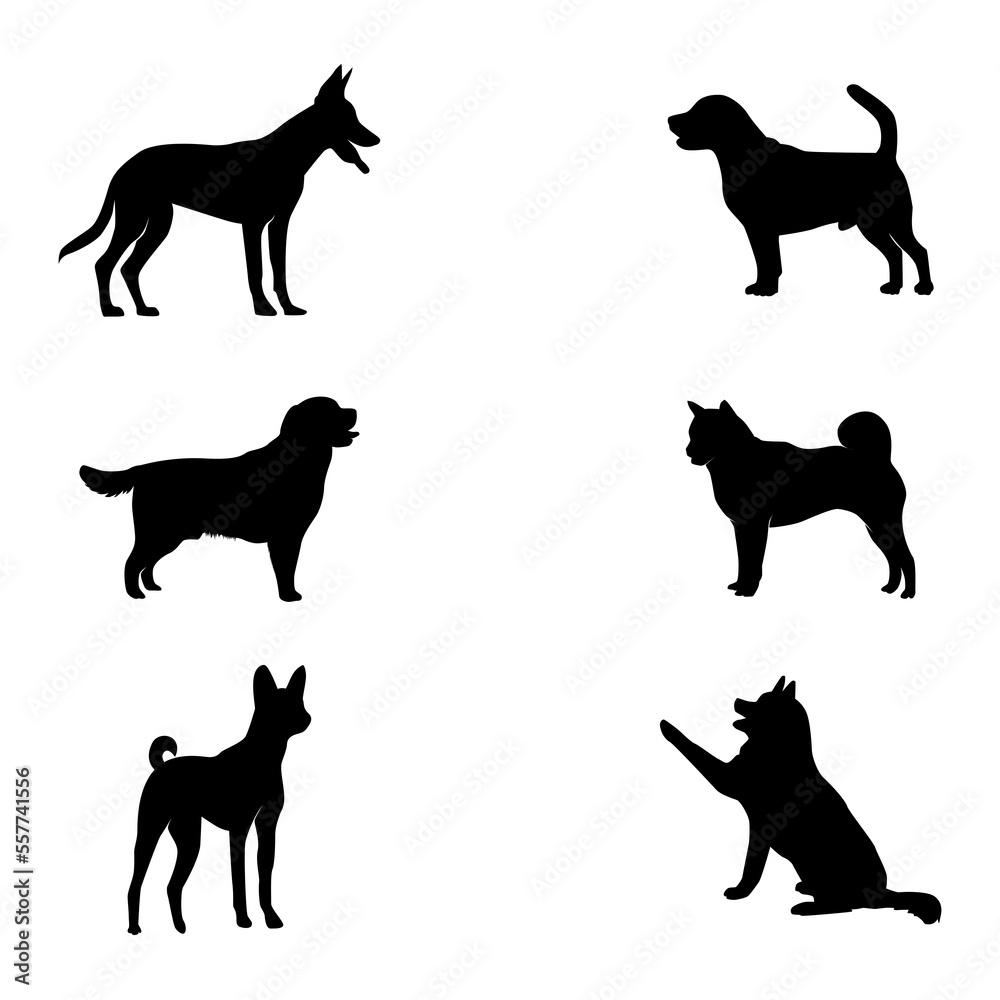 Illustration set of silhouettes of dog on white background