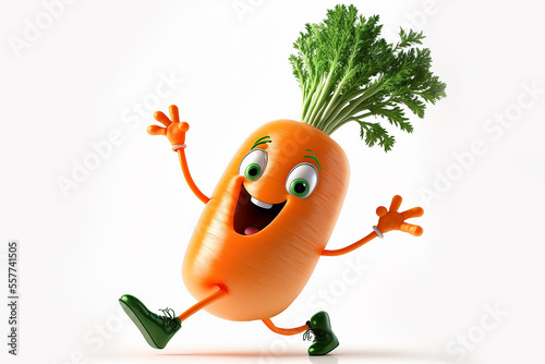 Cheerful funny carrot dancing isolated on a white background. Vegetable healthy food concept. Copy space.