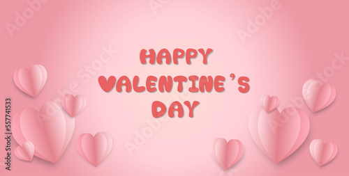 Horizontal pink background with paper cut heart. vector text, Happy Valentine's day.