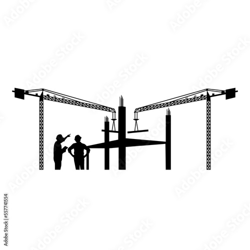 Silhouette of Construction site with cranes on white background