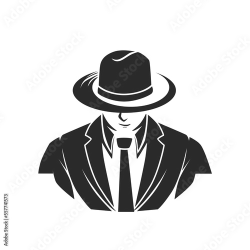 Mafia character abstract silhouette men head in hat . Vintage vector illustration