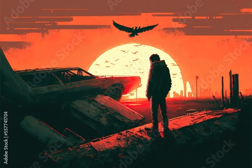 A man stands near an old car in the sunset