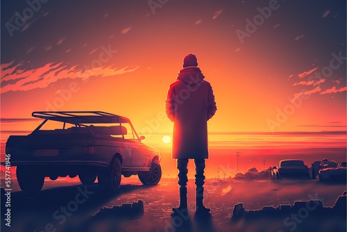 Fototapeta A man stands near an old car in the sunset