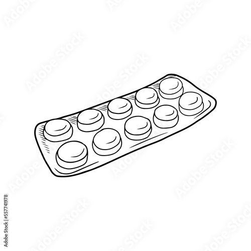 Realistic full drug blister with medications in black isolated on white background. Hand drawn vector sketch illustration in doodle simple outline vintage engraved style. Pain killer, vitamin.