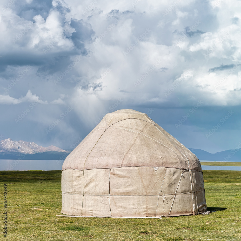 Traditional Yurt tent at the Song Kul lake plateau in Kyrgyzstan. Yurt tents are traditional, portable tents made of felt that are used as a form of accommodation in the country.