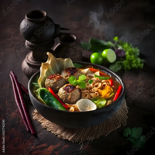 photo thai food, noodles with pork, meatball and vegetable food photography