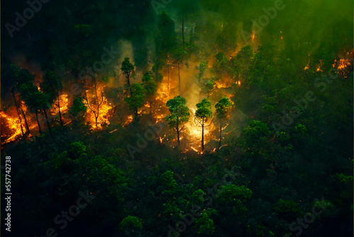Tropical forest, rainforest, jungle. Wildfire, forest burning, digital painting. Illustration of trees that burn. Ai llustration, fantasy digital painting, artificial intelligence artwork 