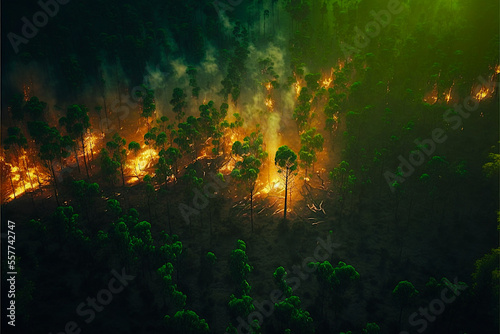 Tropical forest, rainforest, jungle. Wildfire, forest burning, digital painting. Illustration of trees that burn. Ai llustration, fantasy digital painting, artificial intelligence artwork 