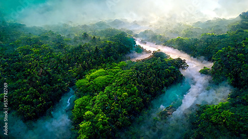 Tropical forest, rainforest, jungle. Trees and steaming river, drone view. Digital painting. Ai llustration, fantasy digital painting, artificial intelligence artwork 