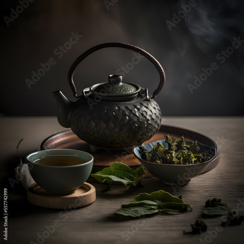 photo oolong green tea in a teapot and bowl photography