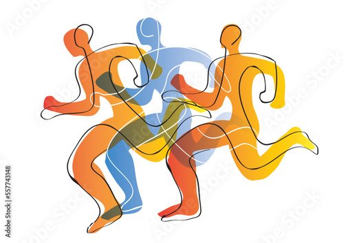 Running race, marathon, jogging, line art stylized. Stylized illustration of three running racers. Continuous line drawing design.Isolated on white background. Vector available.