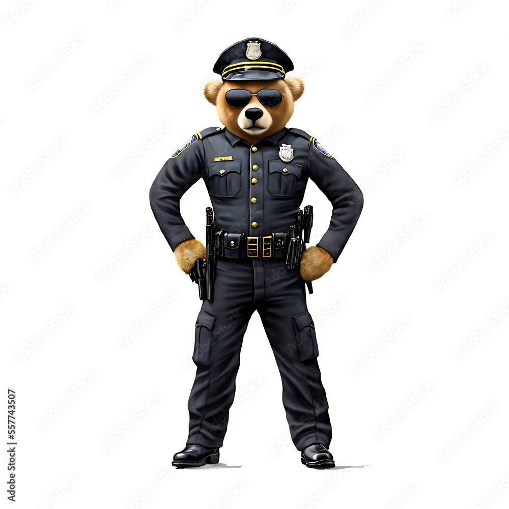 teddy bear wearing police uniform and sunglasses