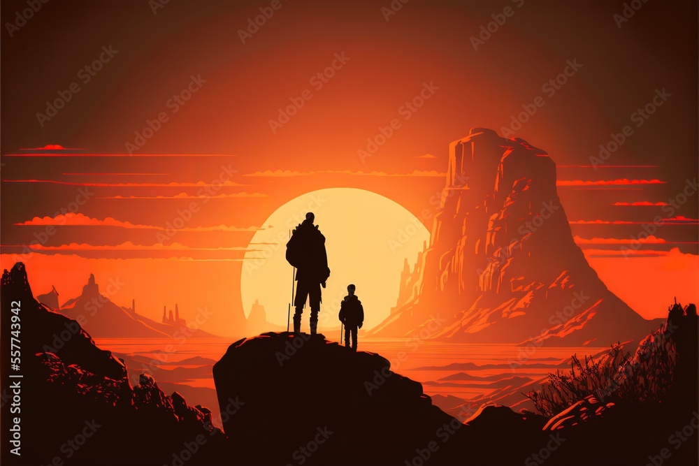 Silhouette of a father and son looking at the mountains in the sunset