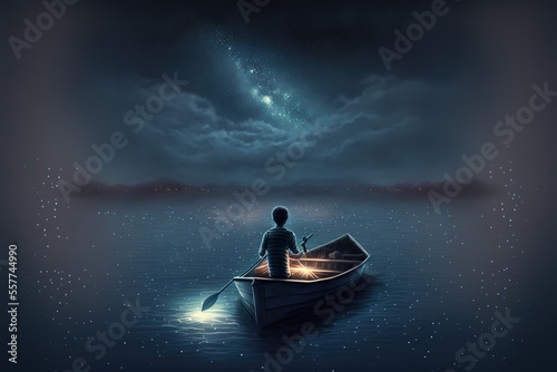 A boy rowing a boat under the starry sky