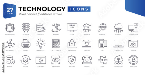 Technology Icons Set. Collection of simple linear web icons such Installation, Settings, Options, Download, Update, Gears 