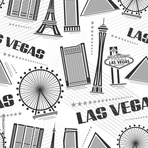 Vector Las Vegas seamless pattern, square repeat background with illustrations of simple contour buildings on white background for bed linen, monochrome line art urban poster with black text las vegas