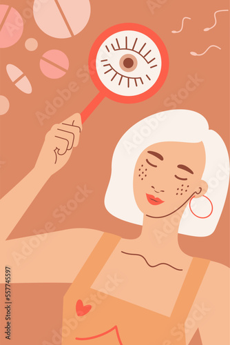 Woman chooses hormonal contraceptives. Contraception method concept. Pregnancy prevention and baby birth control. Trendy hand-drawn vector flat cartoon illustration.