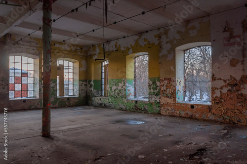 Old abandoned haunted red brick factory of stockings, pantyhose and socks in Central Europe, Poland