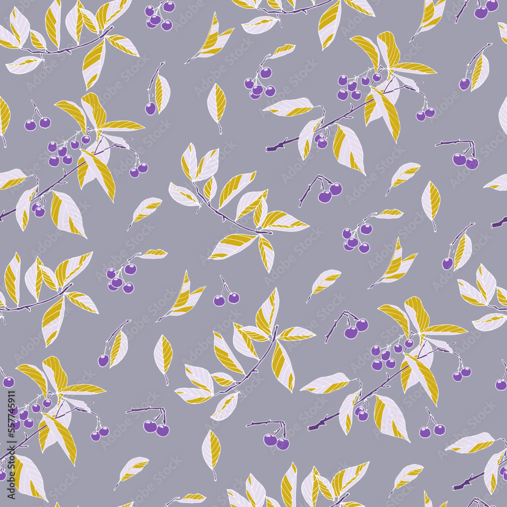 Seamless pattern with twigs and berries. Hand-drawn cute design for wallpaper, card, templates. 