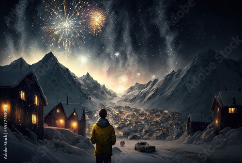 illustration of small valley town in winter season , new year celebration with firework on sky