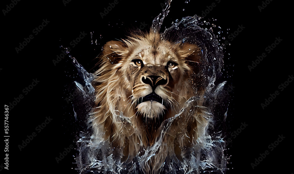 Lion jumping out of the water. Lion hunts from the water.	
Digital art