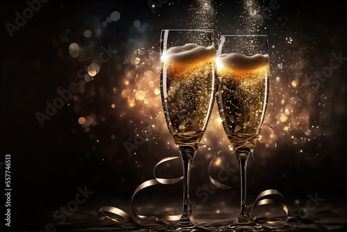 Two glasses of champagne over blur spots lights background. Celebration concept. Digital art

