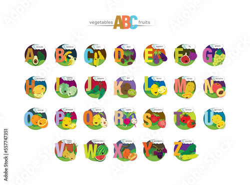 fruit and vegetable alphabet using paper cut technique.