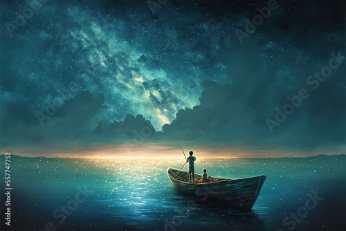 A boy looks at a boat under the night sky