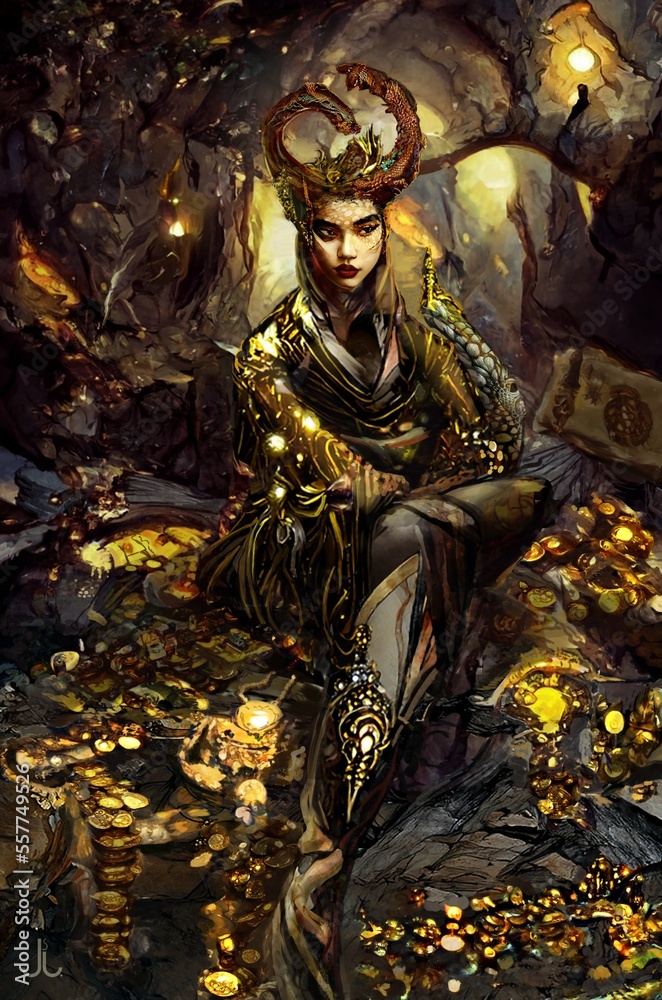 Horned Lady sitting on a pile of treasure