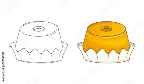 Kids coloring book for elementary school. Brazilian dessert Quindim with coconut flakes. Latin American Sweets. National Latin American Cuisine. Vector illustration. 