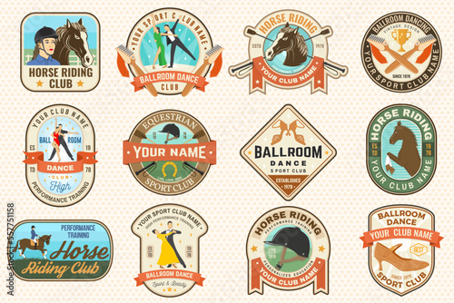 Ballroom dance sport and Horse riding club badge, logo, patch. Dance sport and equestrian label, sticker with rider, horse, shoe brush, man and woman, shoes for ballroom dancing silhouette. Vector