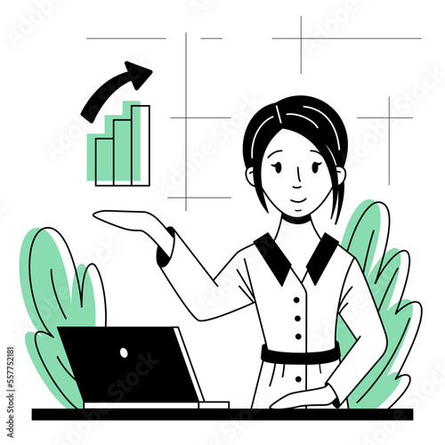Vector illustration in a flat style, a character, an economist showing a growth graph at a table with a laptop.