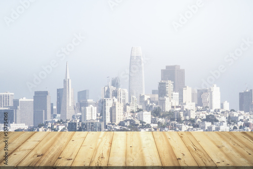 Table top made of wooden dies with beautiful San Francisco skyline on background  mockup