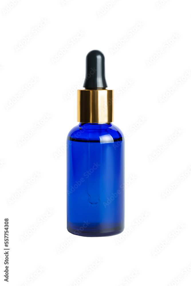 Blue glass bottle dropper with gold lid isolated on white background by clipping path. Skin care madicine and cosmetology mockup.