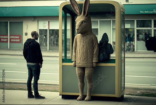 Leinwand Poster Man in a rabbit costume on a bus stop - Generative AI