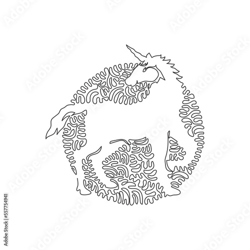 Continuous one curve line drawing of cute unicon abstract art in circle. Single line editable stroke vector illustration of single horn on its forehead for logo, wall decor and poster print decoration