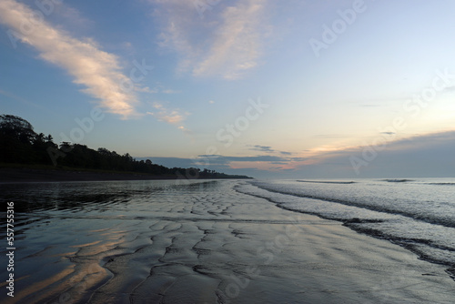 Striking Sunrise Landscape with White Clouds  Blue Sky  Silhouetted Trees  Low Tide  and Small Waves