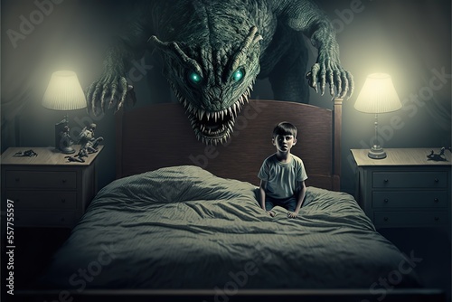 Fotobehang A terrible nightmare scares a boy in bed